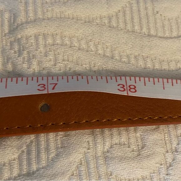 SANCIA Elke Skinny Belt Cognac Leather Slim Gold Buckle Minimalist Size Med - Picture 9 of 10